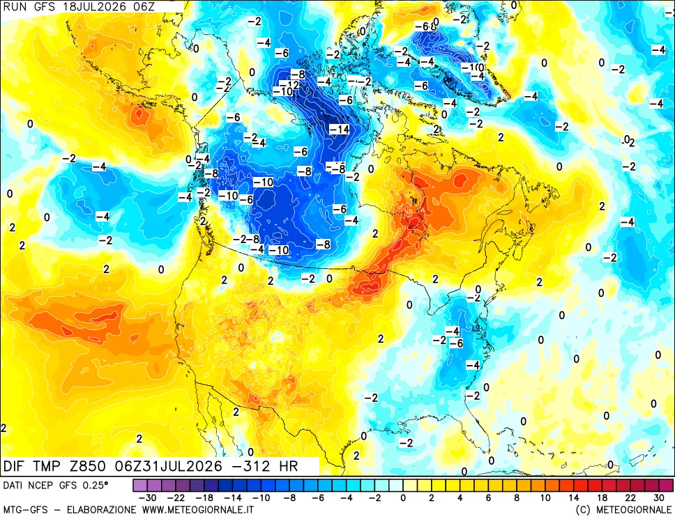 mappa Dif. Temp a 850 hPa Valid - Init