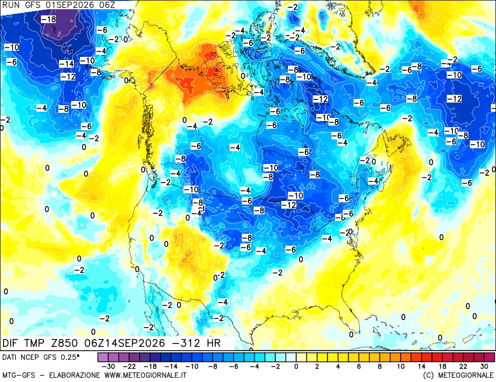 mappa Dif. Temp a 850 hPa Valid - Init