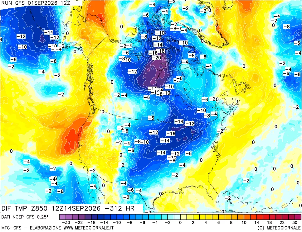 mappa Dif. Temp a 850 hPa Valid - Init