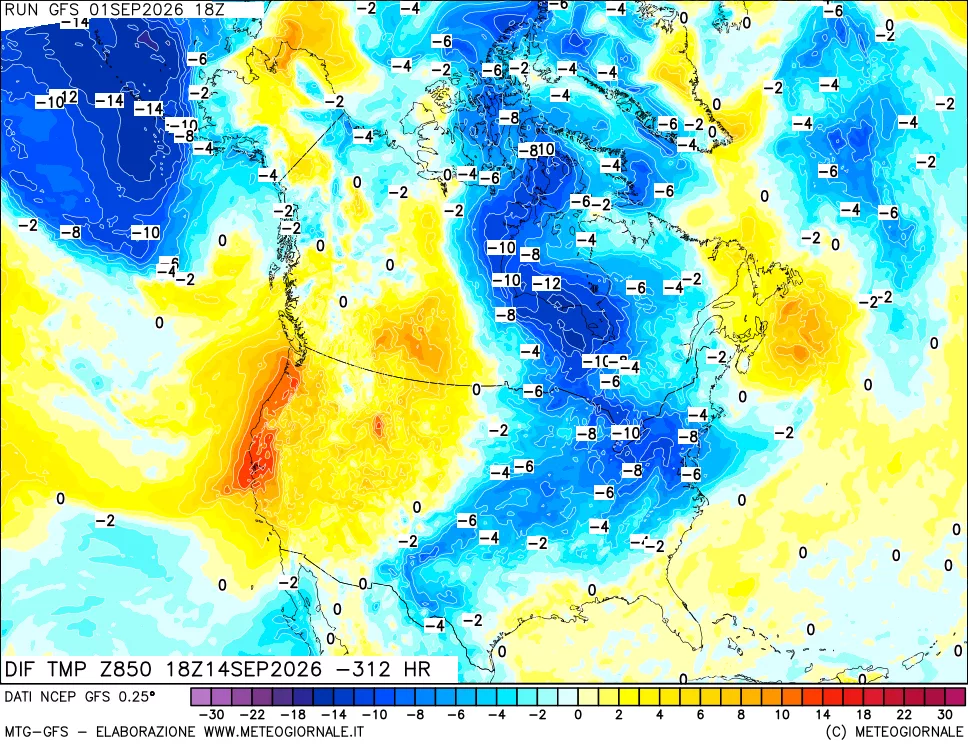 mappa Dif. Temp a 850 hPa Valid - Init