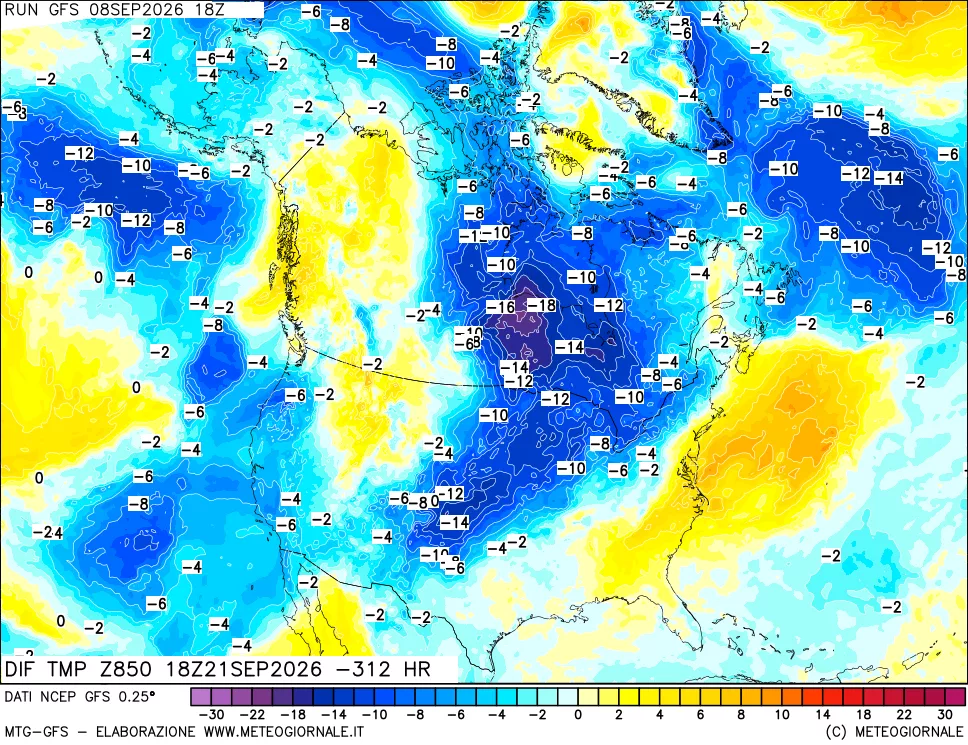 mappa Dif. Temp a 850 hPa Valid - Init