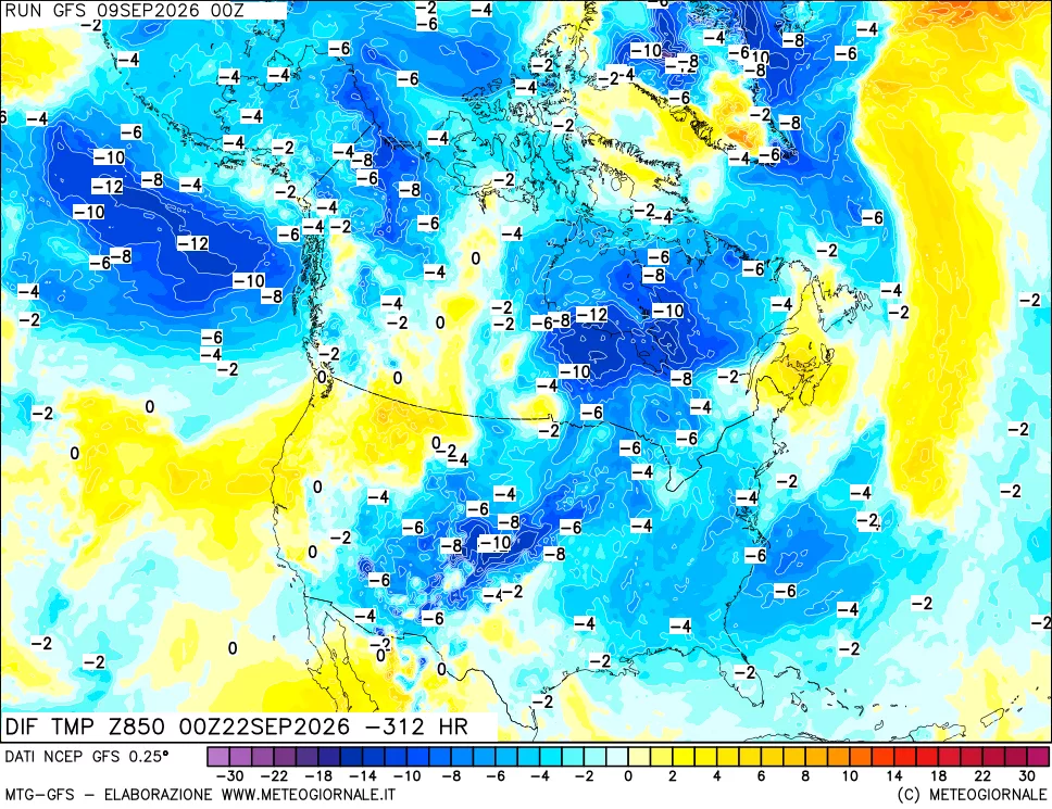 mappa Dif. Temp a 850 hPa Valid - Init