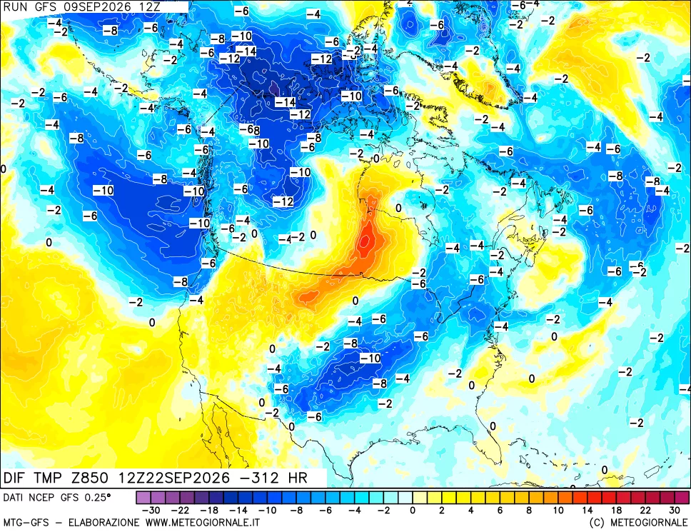mappa Dif. Temp a 850 hPa Valid - Init