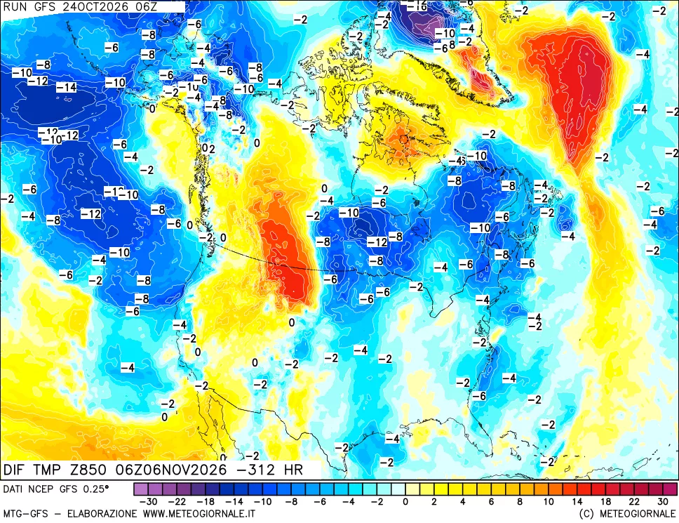 mappa Dif. Temp a 850 hPa Valid - Init