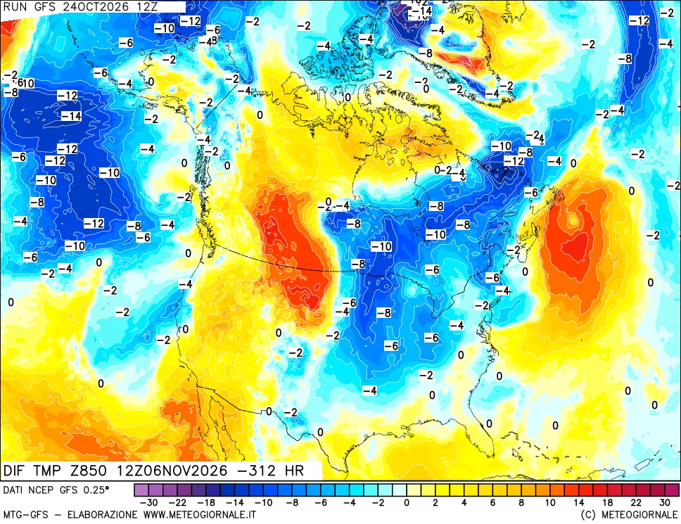 mappa Dif. Temp a 850 hPa Valid - Init