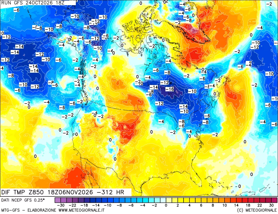 mappa Dif. Temp a 850 hPa Valid - Init
