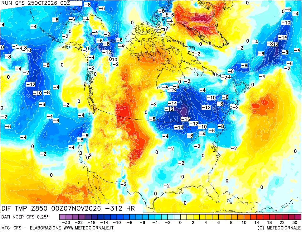 mappa Dif. Temp a 850 hPa Valid - Init