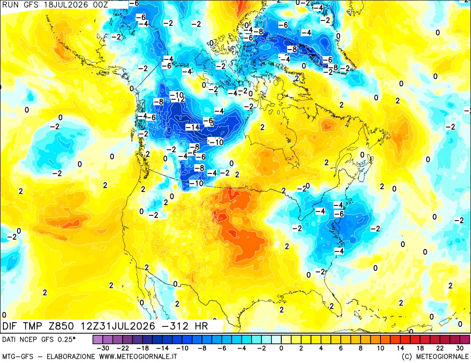 mappa Dif. Temp a 850 hPa Valid - Init