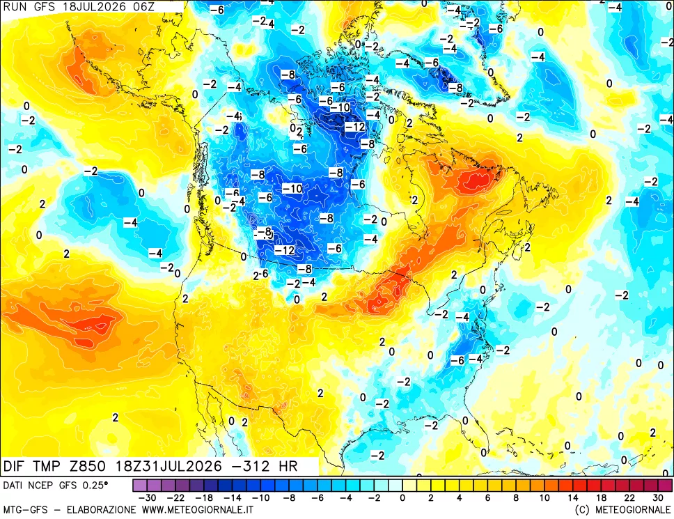 mappa Dif. Temp a 850 hPa Valid - Init