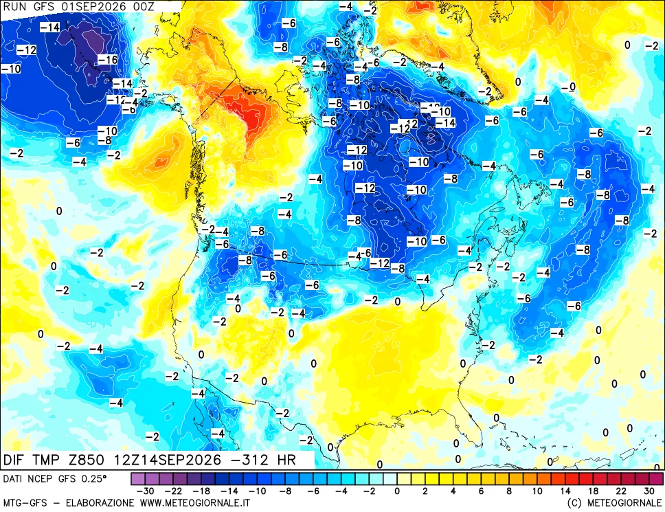 mappa Dif. Temp a 850 hPa Valid - Init