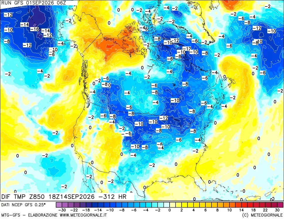 mappa Dif. Temp a 850 hPa Valid - Init