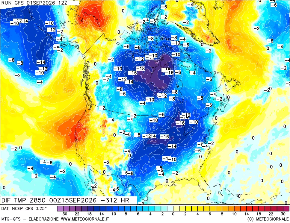 mappa Dif. Temp a 850 hPa Valid - Init
