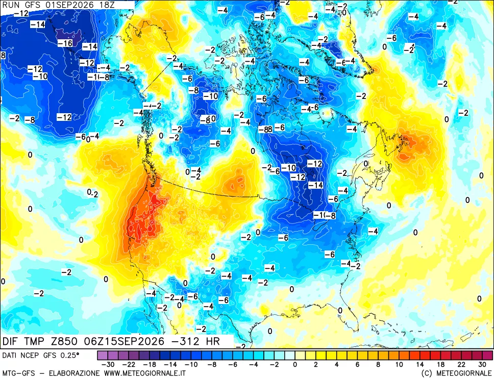 mappa Dif. Temp a 850 hPa Valid - Init