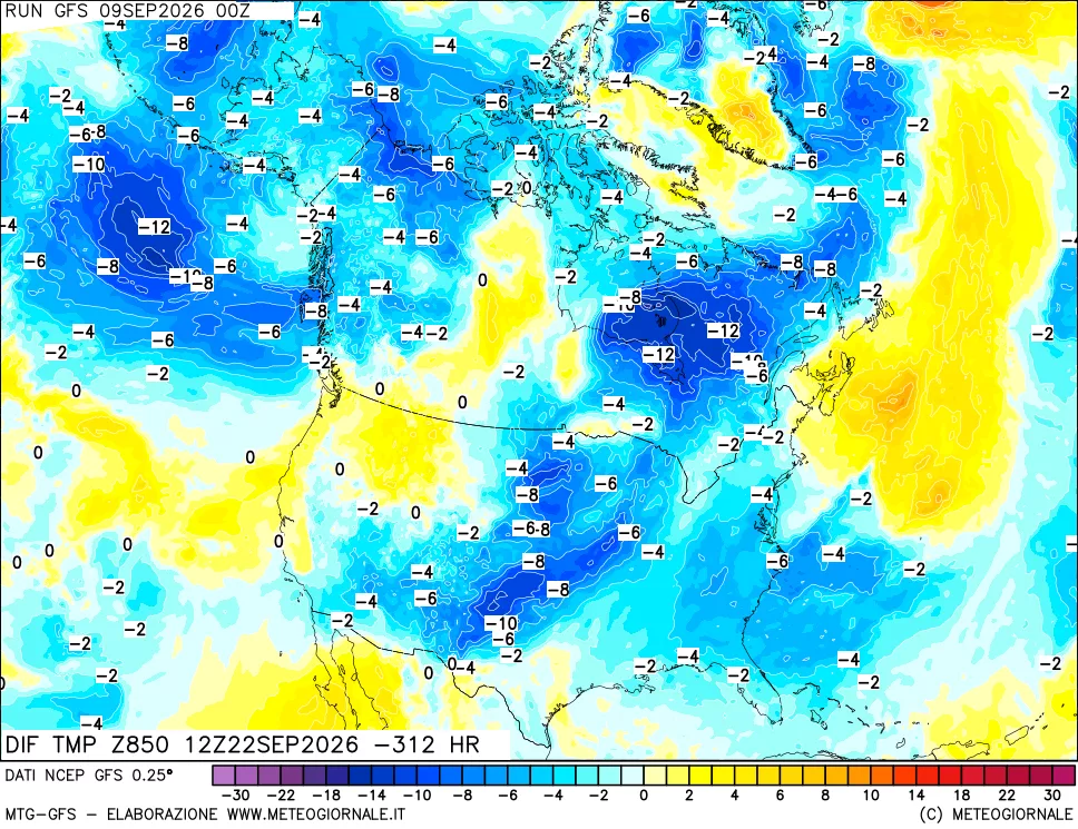 mappa Dif. Temp a 850 hPa Valid - Init
