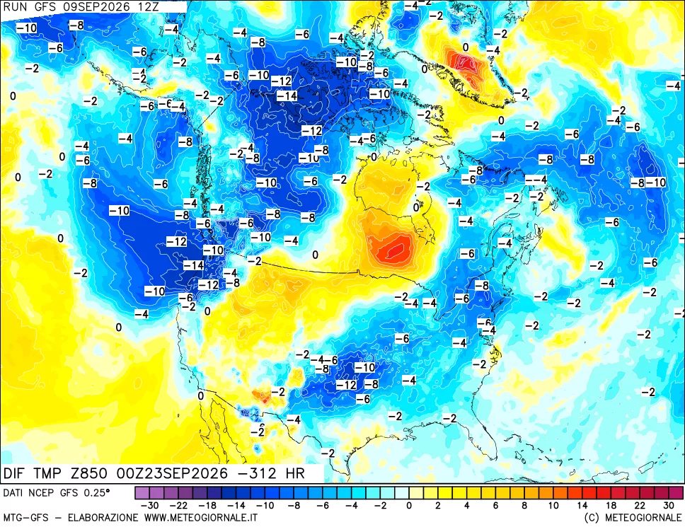 mappa Dif. Temp a 850 hPa Valid - Init