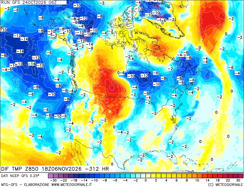 mappa Dif. Temp a 850 hPa Valid - Init
