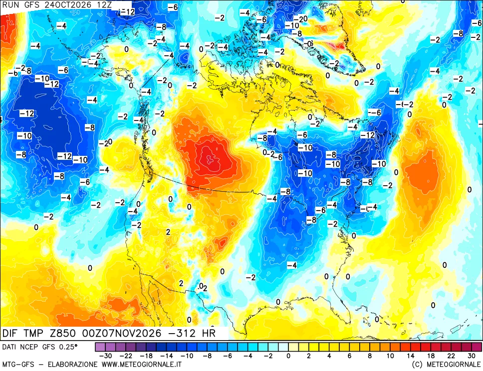 mappa Dif. Temp a 850 hPa Valid - Init