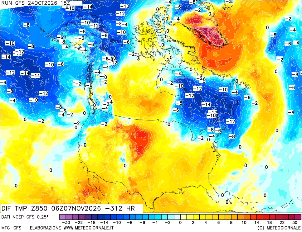 mappa Dif. Temp a 850 hPa Valid - Init