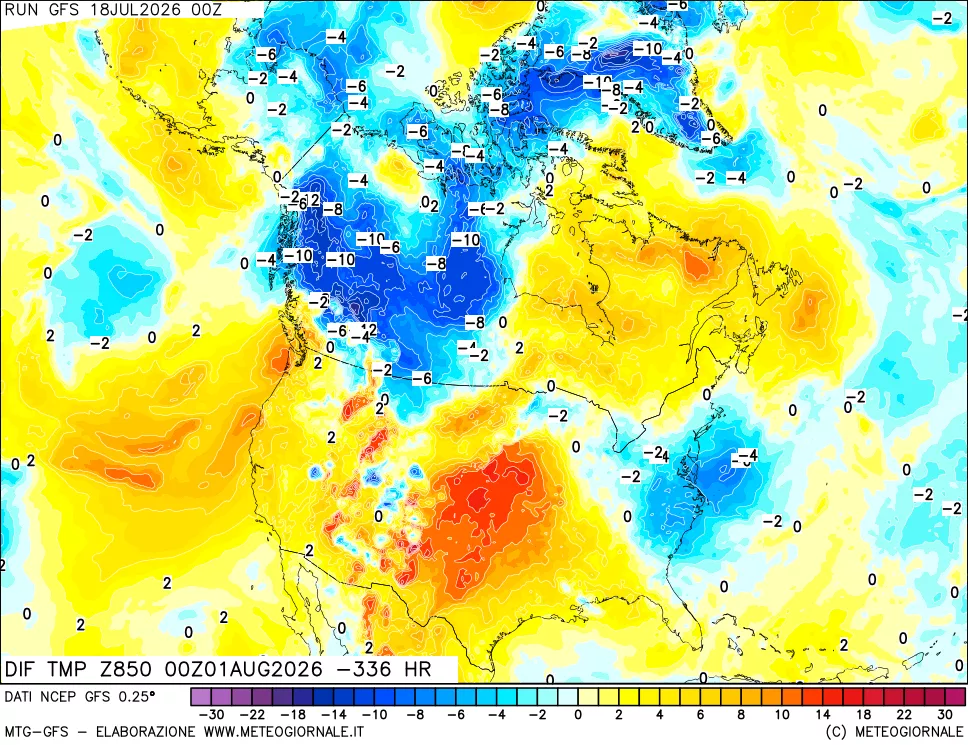 mappa Dif. Temp a 850 hPa Valid - Init