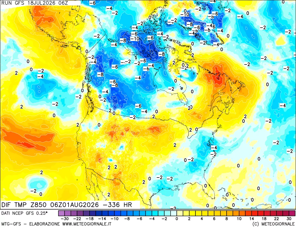 mappa Dif. Temp a 850 hPa Valid - Init