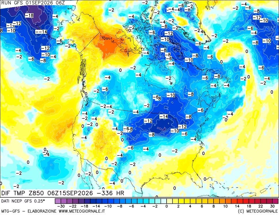 mappa Dif. Temp a 850 hPa Valid - Init