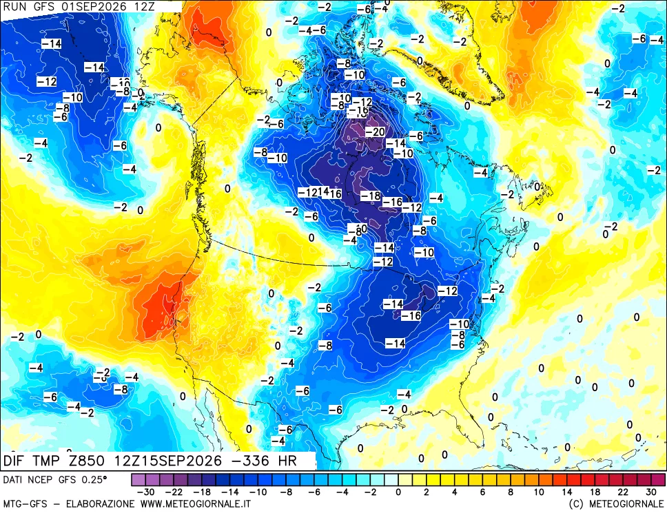 mappa Dif. Temp a 850 hPa Valid - Init