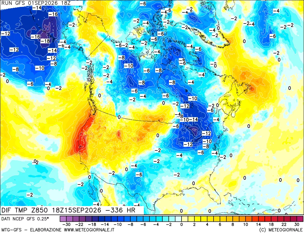 mappa Dif. Temp a 850 hPa Valid - Init