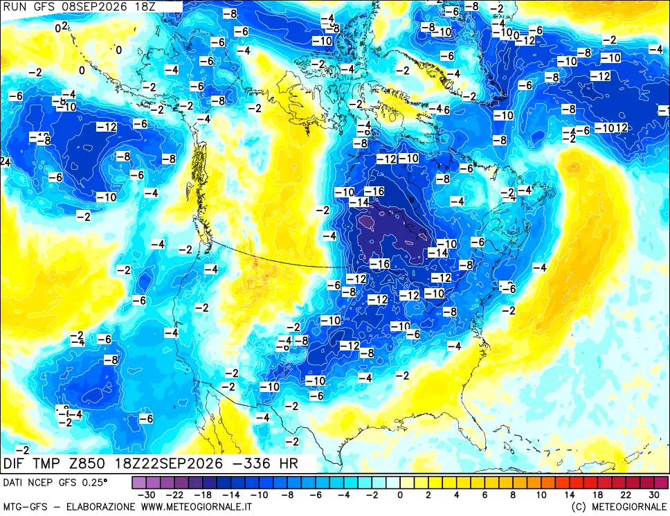 mappa Dif. Temp a 850 hPa Valid - Init