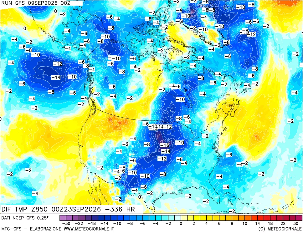 mappa Dif. Temp a 850 hPa Valid - Init