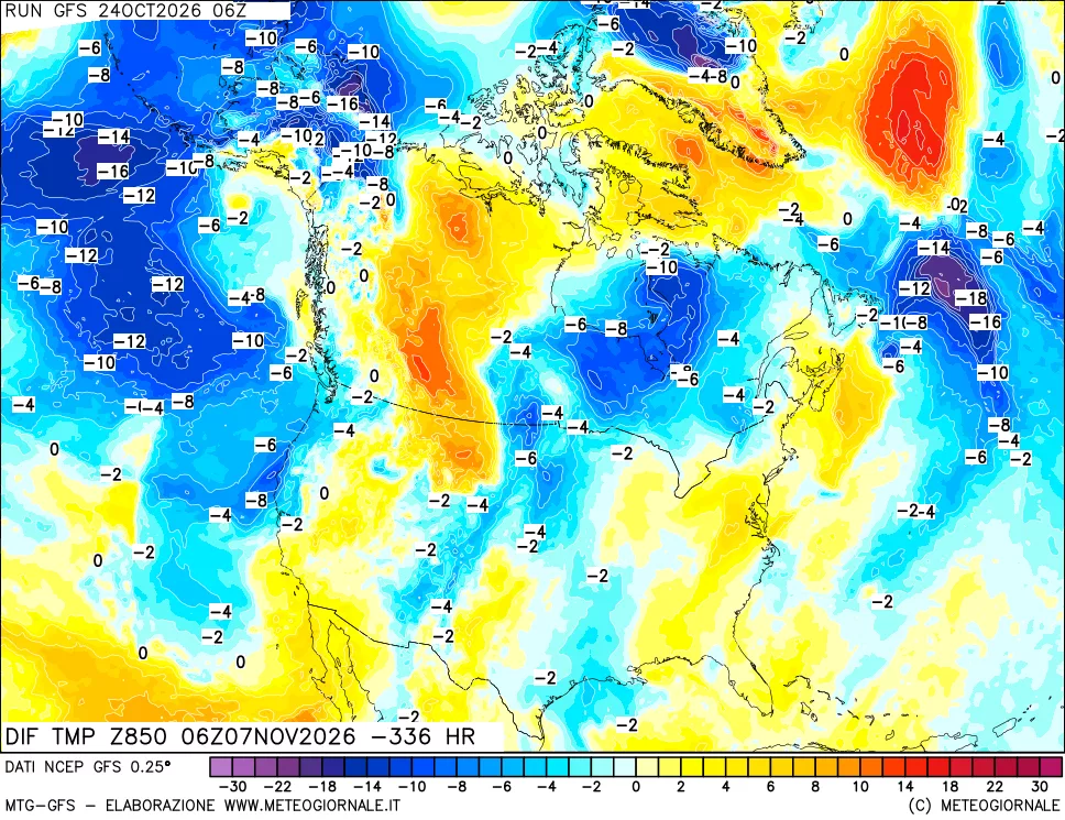 mappa Dif. Temp a 850 hPa Valid - Init