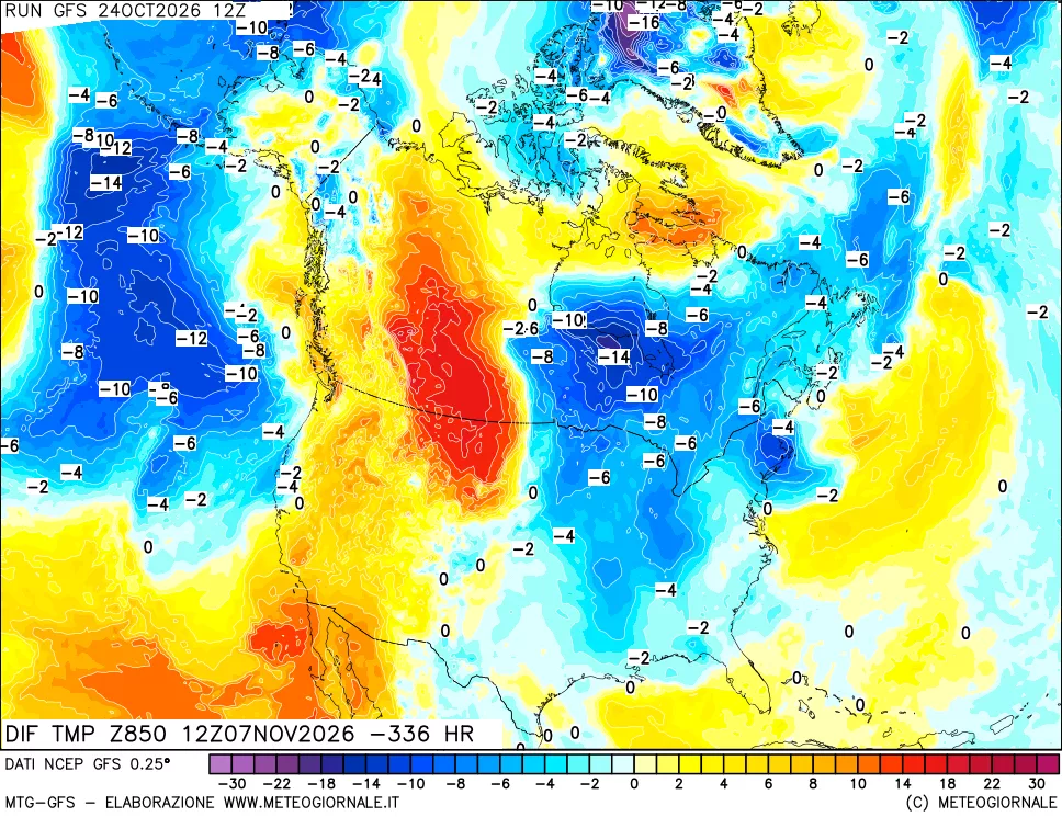 mappa Dif. Temp a 850 hPa Valid - Init