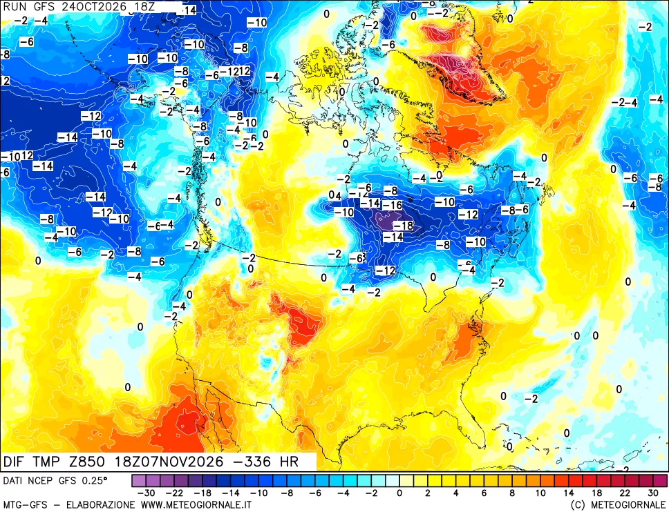 mappa Dif. Temp a 850 hPa Valid - Init