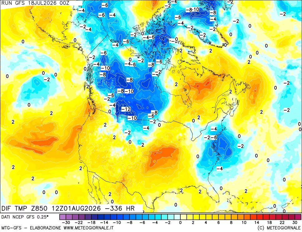 mappa Dif. Temp a 850 hPa Valid - Init