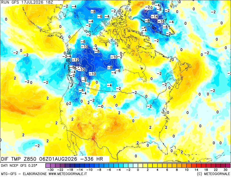 mappa Dif. Temp a 850 hPa Valid - Init