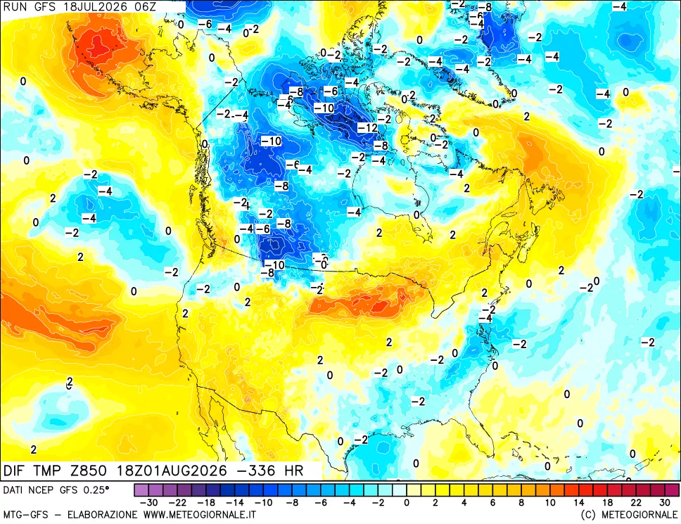 mappa Dif. Temp a 850 hPa Valid - Init