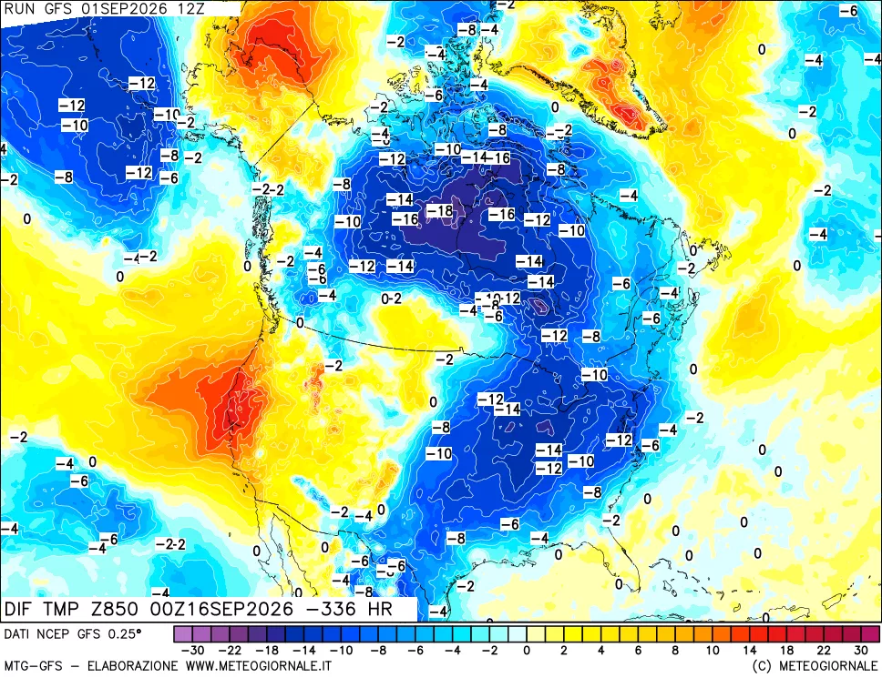 mappa Dif. Temp a 850 hPa Valid - Init