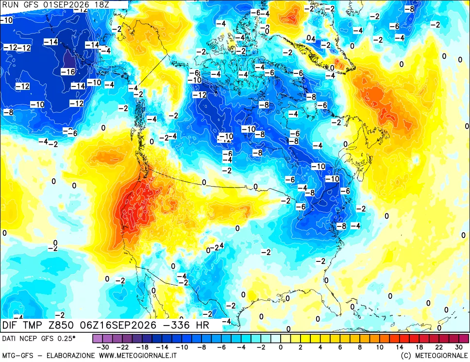 mappa Dif. Temp a 850 hPa Valid - Init