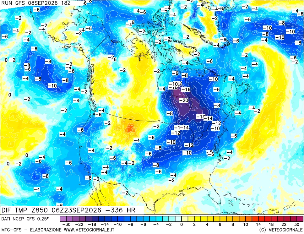 mappa Dif. Temp a 850 hPa Valid - Init