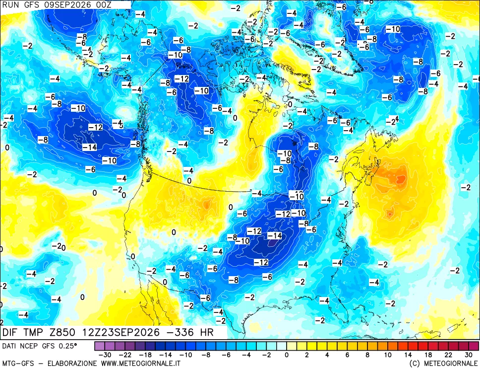 mappa Dif. Temp a 850 hPa Valid - Init