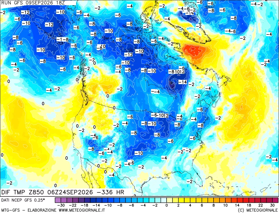mappa Dif. Temp a 850 hPa Valid - Init