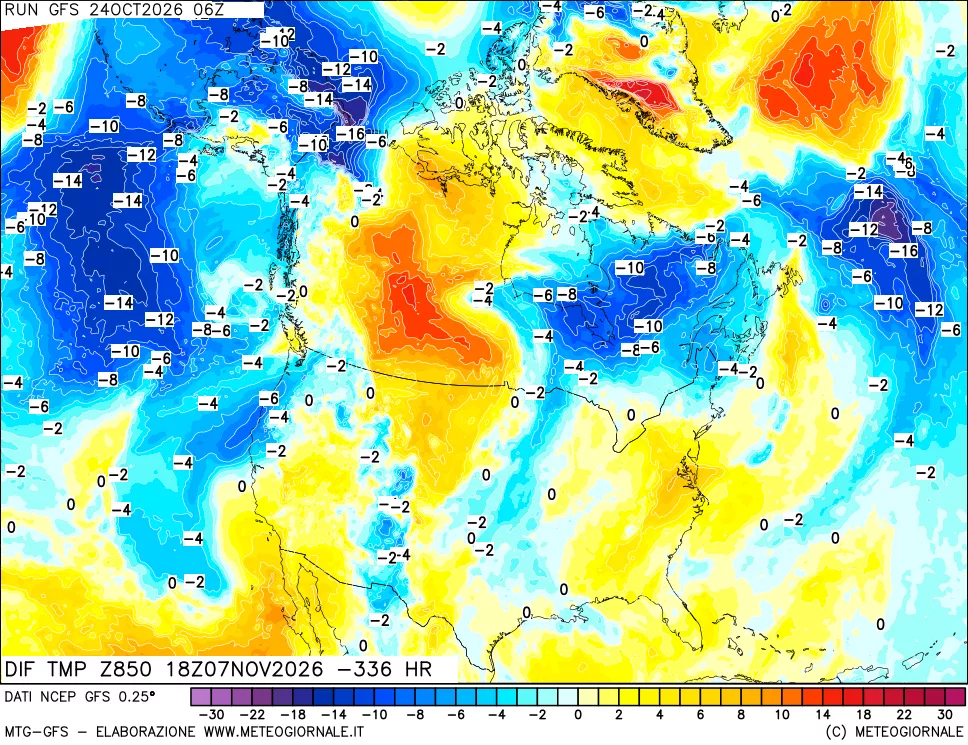 mappa Dif. Temp a 850 hPa Valid - Init