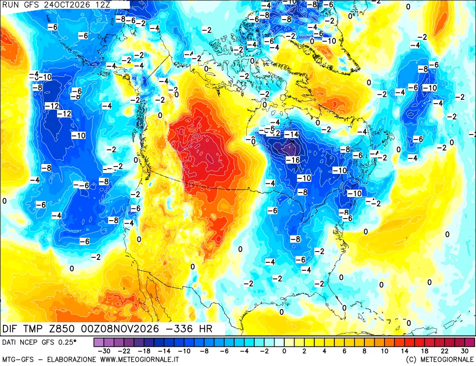 mappa Dif. Temp a 850 hPa Valid - Init