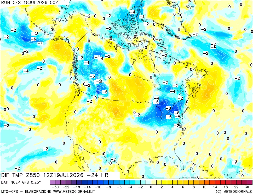 mappa Dif. Temp a 850 hPa Valid - Init