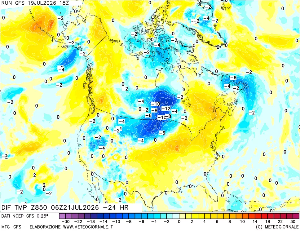 mappa Dif. Temp a 850 hPa Valid - Init
