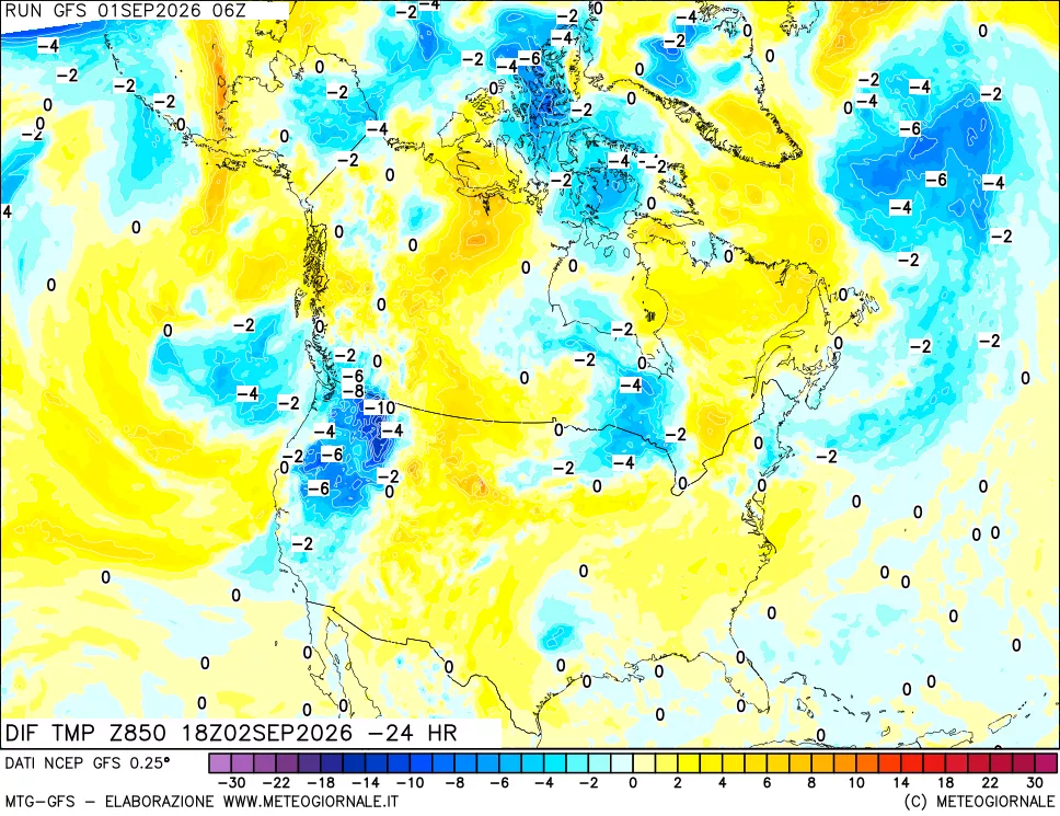 mappa Dif. Temp a 850 hPa Valid - Init