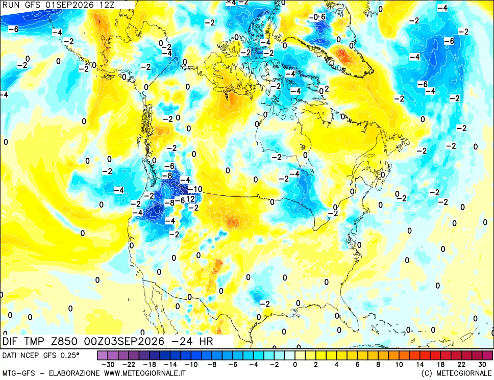 mappa Dif. Temp a 850 hPa Valid - Init