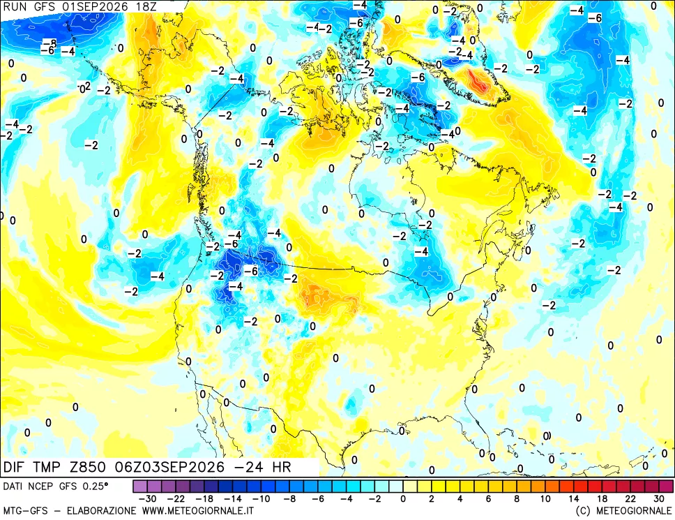 mappa Dif. Temp a 850 hPa Valid - Init