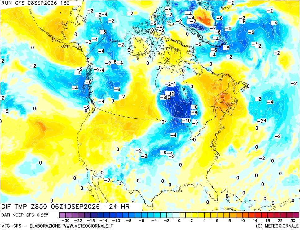 mappa Dif. Temp a 850 hPa Valid - Init