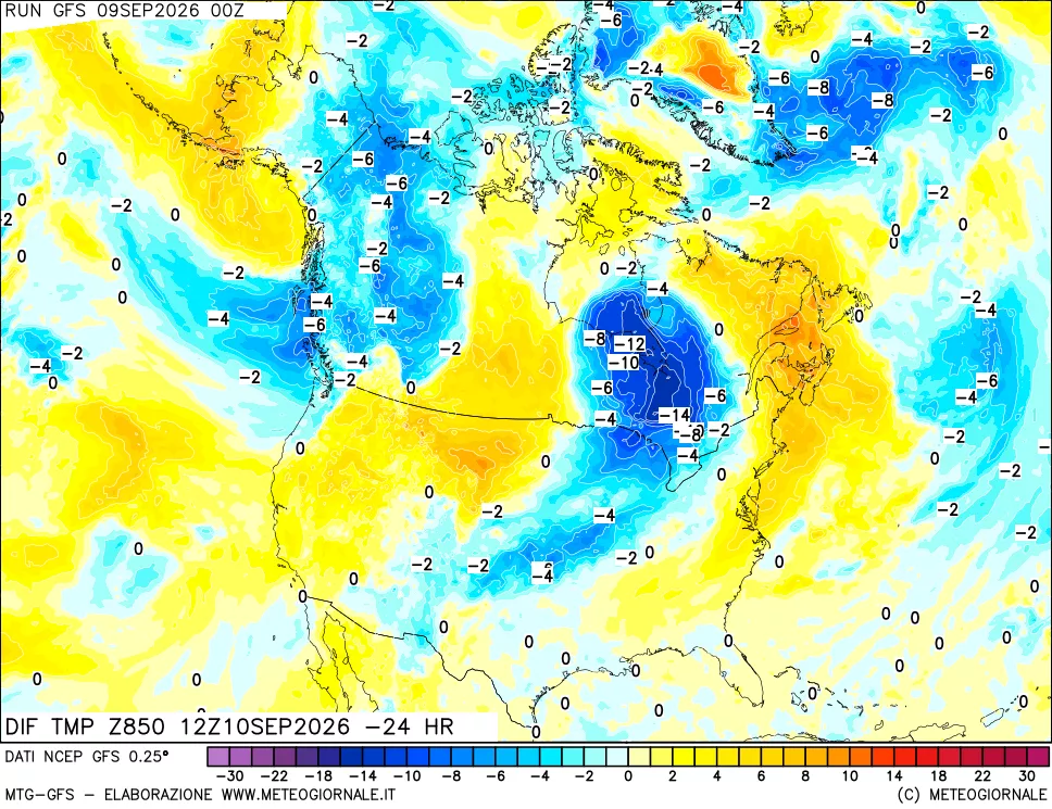 mappa Dif. Temp a 850 hPa Valid - Init