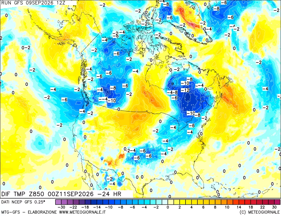 mappa Dif. Temp a 850 hPa Valid - Init